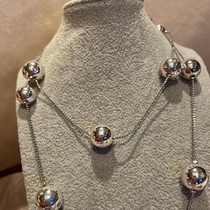Sleek Round Silver Balls and Swarovski Crystal Balls station Necklace 30-32”